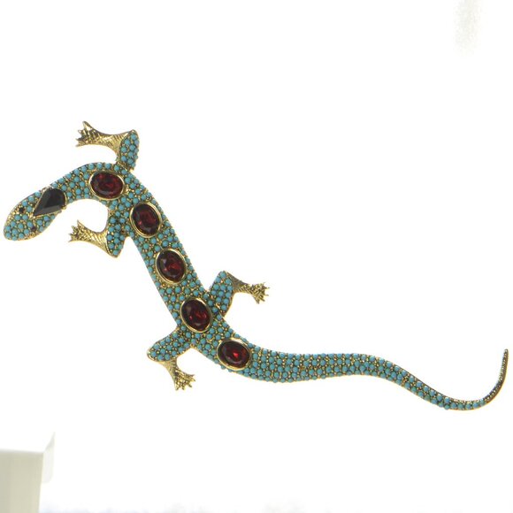 Vintage Kenneth Jay Lane KJL C Turquoise & Crystal Lizard Pin Brooch - Picture 1 of 6